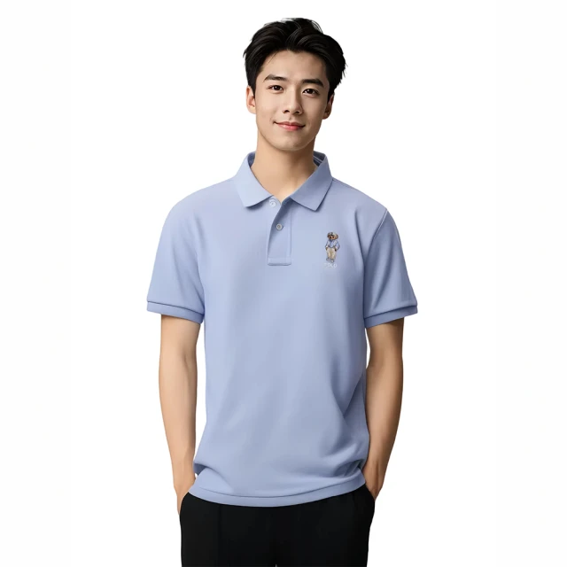 RALPH LAUREN RL POLO 經典刺繡熊款圖案短袖Polo衫 上衣-青年款-灰藍色(平輸品/春夏舒適)