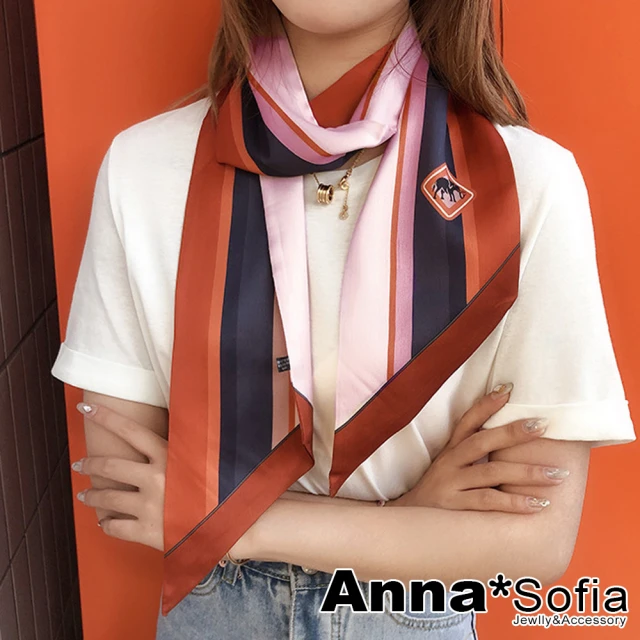 【AnnaSofia】雙11 仿絲領巾絲巾圍巾-條紋象影斜角 窄版緞面 現貨(粉橘咖系)