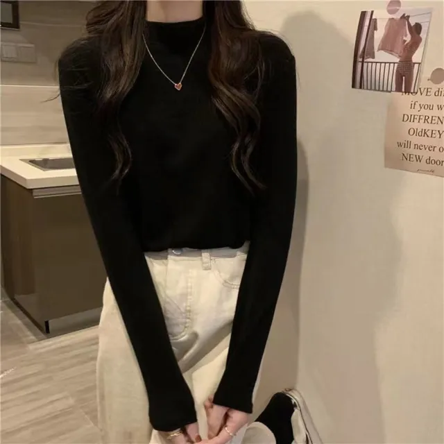 【D.studio】韓版半高領保暖薄內刷毛長袖上衣(女裝 衣服 長袖t恤 保暖上衣 冬裝 發熱衣 內刷毛 W321)