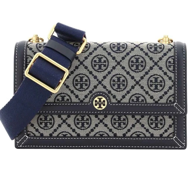 TORY BURCH 專櫃款藍色織紋布滿版LOGO雙背帶斜背/側背迷你款風琴包