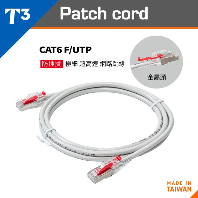 美國T3 網路跳線 2M 防插拔 28AWG 極細超高速 CAT6 F/UTP(短跳線 CAT6 FTP)