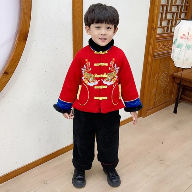【橘魔法】雙老虎刺繡棉襖+九分褲(套裝 長袖上衣 褲子 拜年服 大紅 過年 新年 唐裝 中國風 保暖 男童)