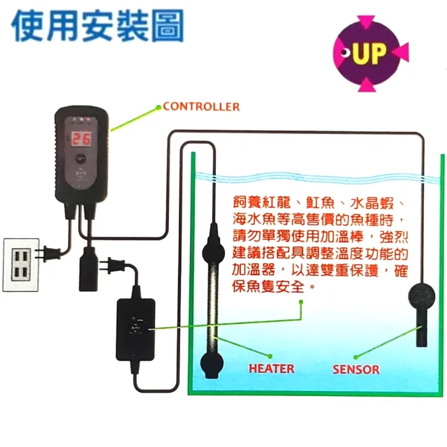 【UP 雅柏】單顯示微電腦控溫器 1000W+MR鈦管加溫棒500W(魚缸溫度控制/雙感應器 D994+水鈦500W)