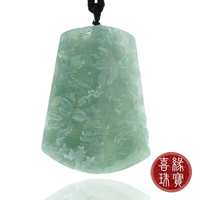 喜緣玉品 天然翡翠冰綠花開富貴山水牌(直)