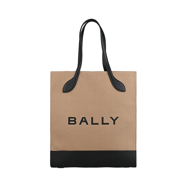【BALLY】BALLY Bar經典黑字LOGO設計帆布拼接牛皮手提托特包(沙x黑)