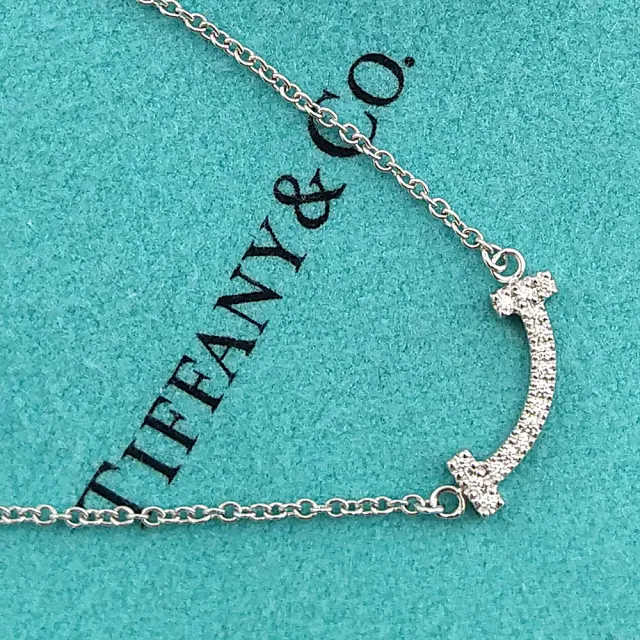 【Tiffany&Co. 蒂芙尼】18K白金-鑲16顆迷你鑽石 T Smile微笑墜飾項鍊(展示品)