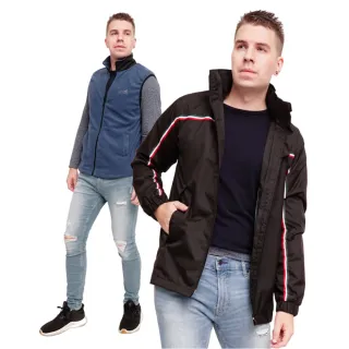 【戶外趣】男款鈕扣立領全防風防水兩件式連帽背心外套(HMJ004 黑藍)