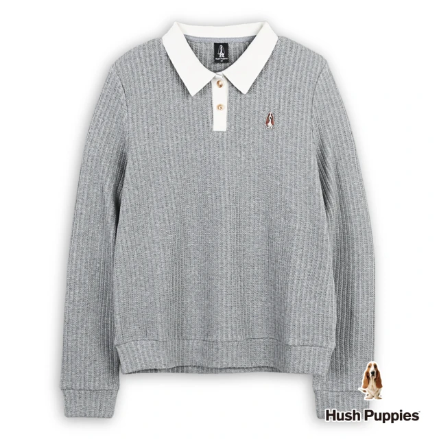 Hush Puppies 女裝 上衣 配色POLO領麻花針織上衣(麻灰 / 44210110)