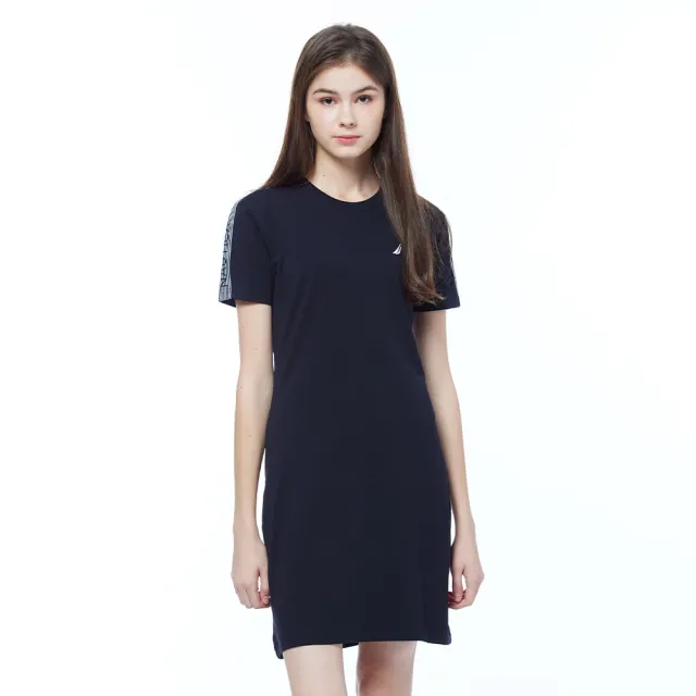 【NAUTICA】官方旗艦 女裝 品牌LOGO織帶短袖連身裙(黑色)