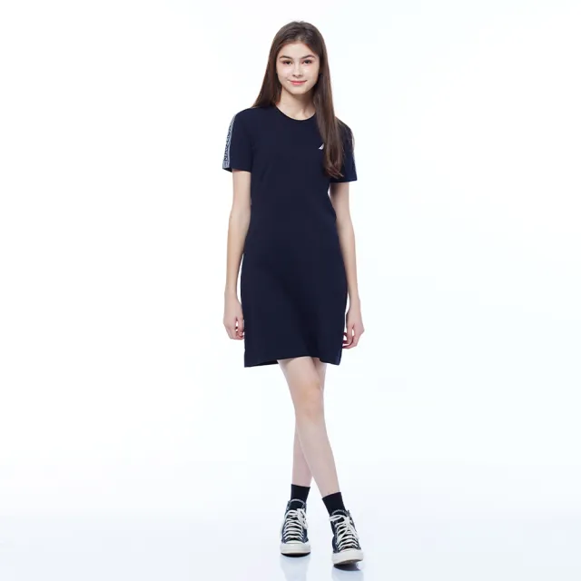 【NAUTICA】官方旗艦 女裝 品牌LOGO織帶短袖連身裙(黑色)