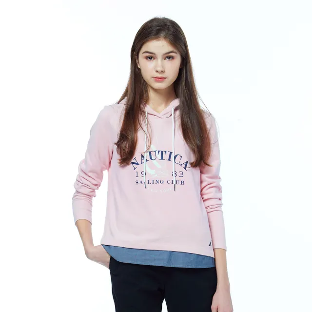 【NAUTICA】官方旗艦 女裝 帆船印花假兩件長袖帽T(粉色)