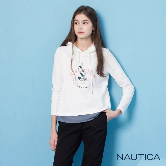 【NAUTICA】官方旗艦 女裝 帆船印花假兩件長袖帽T(白色)
