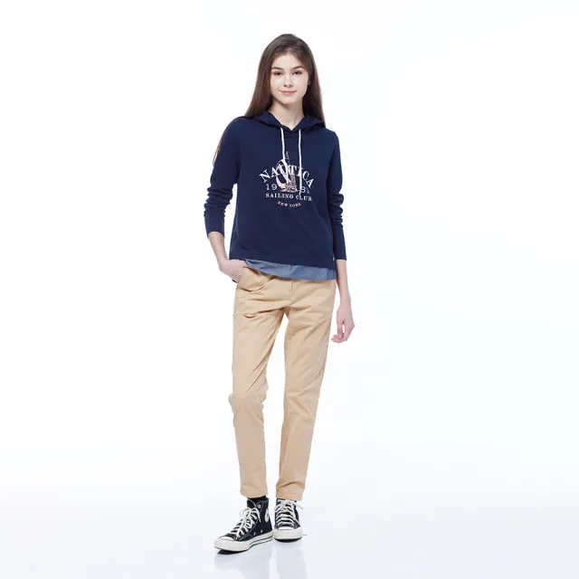 【NAUTICA】官方旗艦 女裝 帆船印花假兩件長袖帽T(藍色)