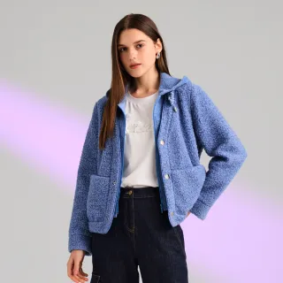 【KERAIA 克萊亞】寶貝粉藍織光銀蔥捲捲毛外套