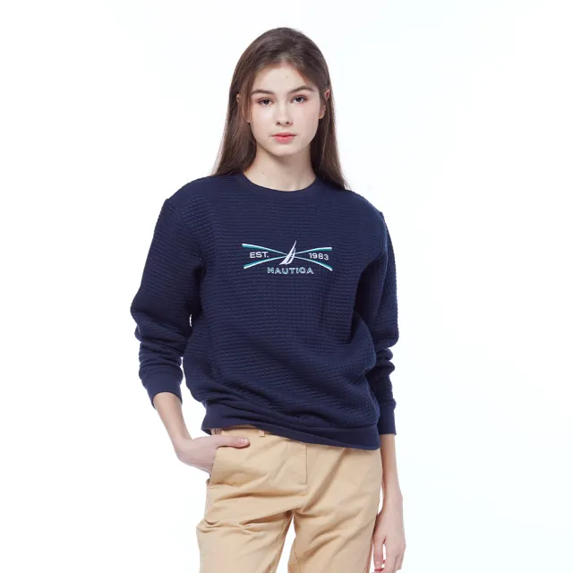 【NAUTICA】官方旗艦 女裝 時尚格紋布料長袖大學T(藍色)
