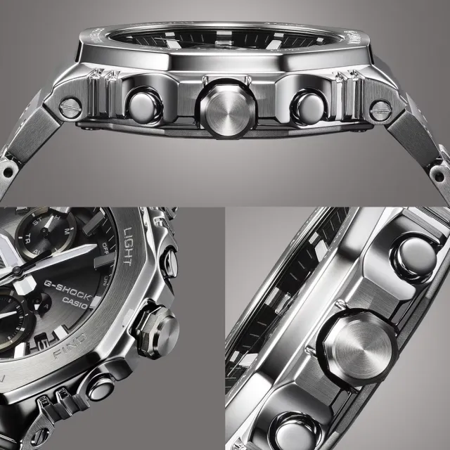 【CASIO 卡西歐】G-SHOCK 太陽能藍芽 全金屬八角形三眼計時錶-黑(GMC-B2100D-1A)