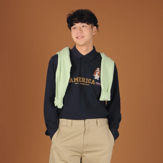 Hush Puppies 男裝 POLO衫 經典造型英文刺繡狗長袖POLO衫(丈青 / 44101108)