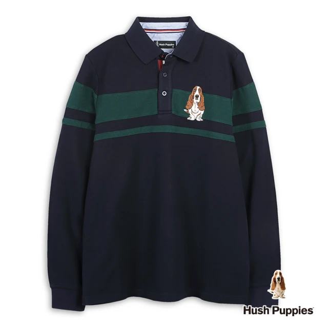 Hush Puppies 男裝 POLO衫 品牌刺繡狗剪接配色長袖POLO衫(丈青 / 44101106)