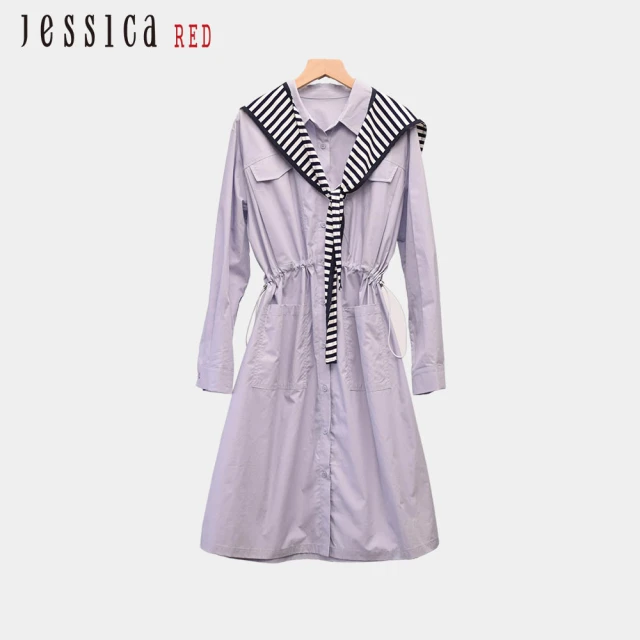 Jessica Red 簡約氣質條紋披肩收腰抽繩棉質長袖洋裝（紫）R44700