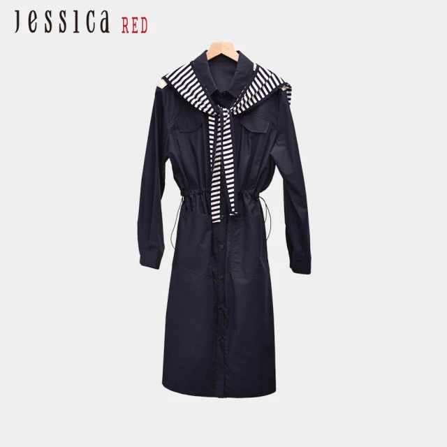 Jessica Red 簡約氣質條紋披肩收腰抽繩棉質長袖洋裝（藍）R44700