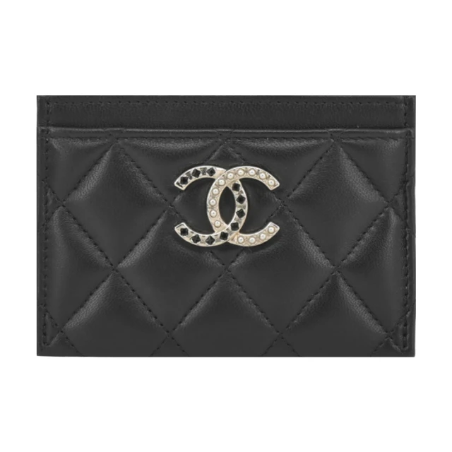 CHANEL 香奈兒 寶石珍珠雙C LOGO菱格紋小羊皮卡片夾(黑色)