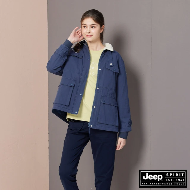 JEEP 女裝 搖粒絨毛立領鋪棉軍裝外套(藍色)