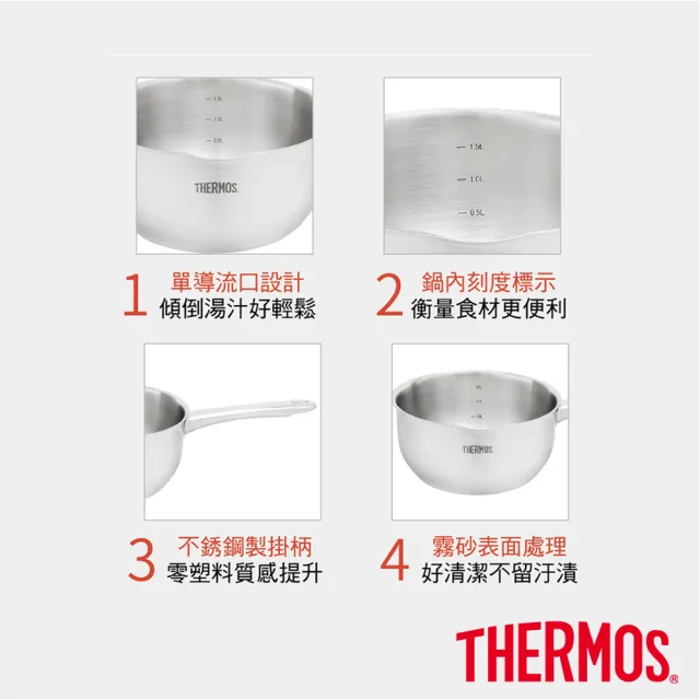 【THERMOS 膳魔師】不鏽鋼直柄牛奶鍋湯鍋18cm(MLK-S18)