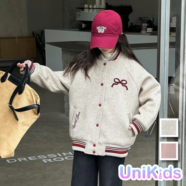 UniKids 中大童裝長袖外套 夾棉加厚蝴蝶結棒球服夾克 女大童裝 CVYM192(燕麥 粉)