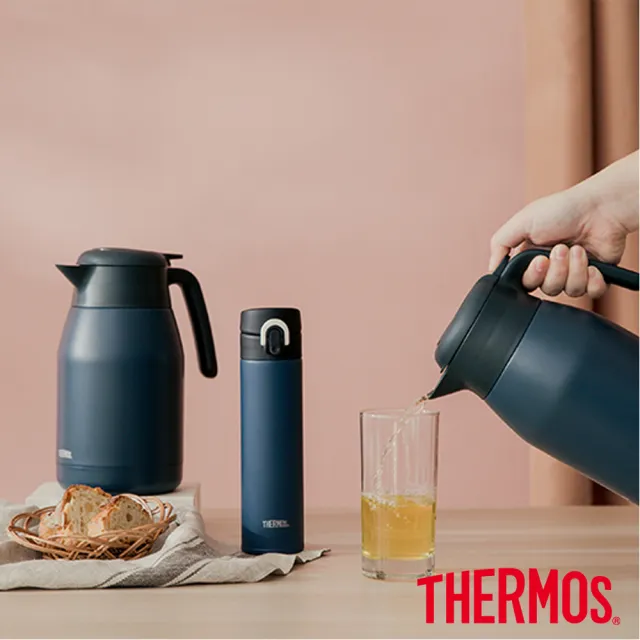 【THERMOS膳魔師】期間限定_黛藍風韻系列不鏽鋼按壓式保溫壺1500ml+輕量彈蓋保溫瓶400ml(THS-1501+JNI-401)