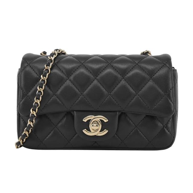 【CHANEL 香奈兒】24K新款Mini Flap 經典雙C LOGO 菱格紋小羊皮斜/肩背包(黑色)