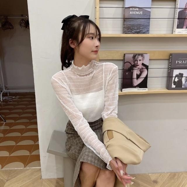 【D.studio】韓版氣質半高領蕾絲網紗上衣(疊穿長袖上衣女裝衣服長袖t恤冬天女裝秋冬女裝高領內搭 W405)