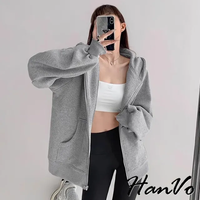 【HanVo】現貨 素色大口袋連帽加絨外套(休閒百搭拉鍊開衫保暖外套 韓系女裝 女生衣著 A07-4545)