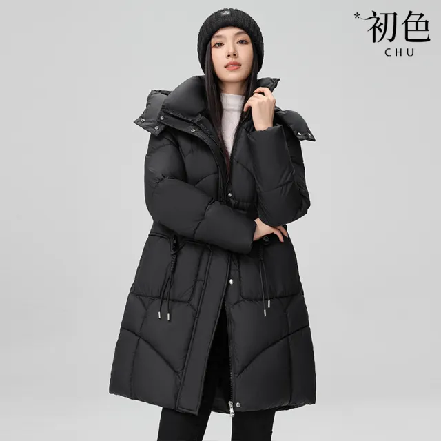 【初色】洋氣中長款純色拉鍊口袋立領長袖插肩袖連帽科技保暖纖維棉外套女外套-共5色-39158(M-3XL可選)