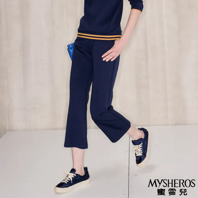 【MYSHEROS 蜜雪兒】休閒九分長褲 鬆緊腰頭 純色彈性(藍)