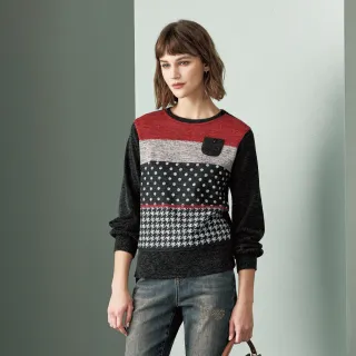 【MYSHEROS 蜜雪兒】仿針織造型上衣 拼色圓點千鳥格紋(鐵灰)