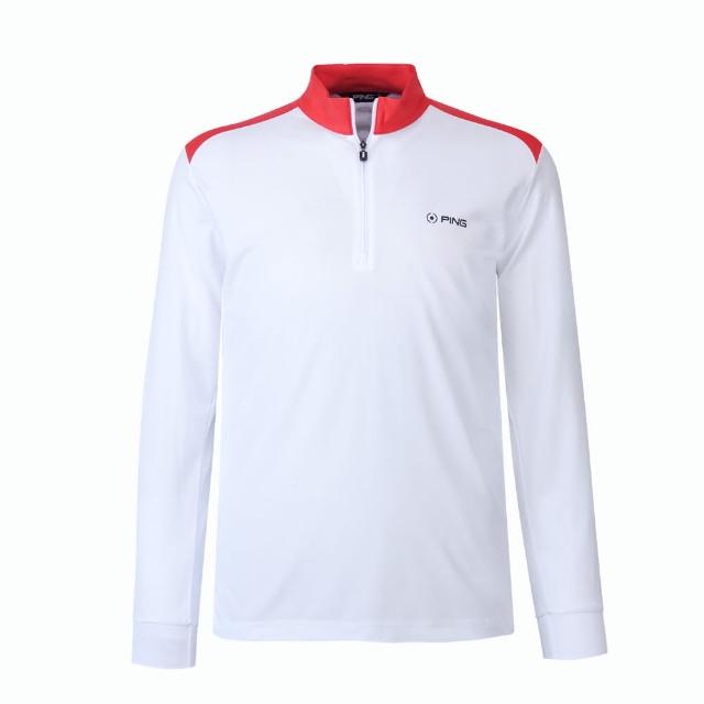 【PING】男款配色剪接抗UV立領薄長袖上衣-白(吸濕排汗/GOLF/高爾夫球衫/PA24221-87)