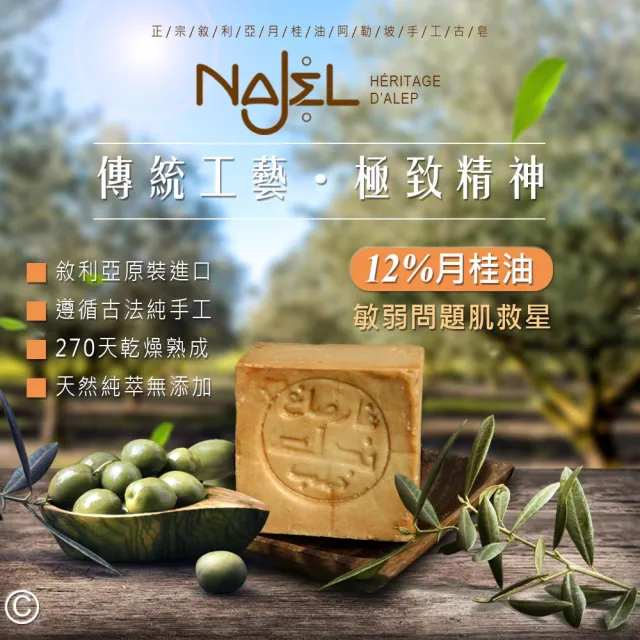 【敘利亞NAJEL】12%月桂油阿勒坡手工古皂香皂肥皂180gx4(總代理公司貨)