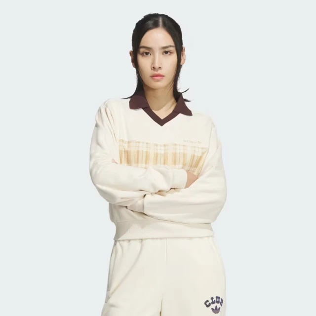 adidas 愛迪達 SPO 長袖上衣(JC6852 女款運動上衣 ORIGINALS女裝 格紋細節 米白色)