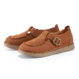 【MAGY】復古車線T字真皮休閒鞋(棕色)