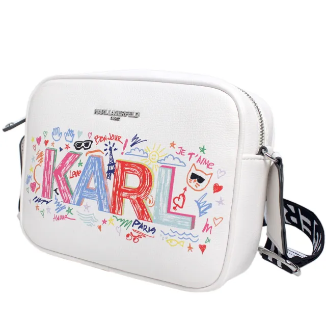 【KARL LAGERFELD 卡爾】KARL字母彩繪塗鴉防刮皮革相機斜背包(白)