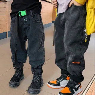 【橘魔法】腰帶刺繡字母牛仔棉絨長褲(大童 褲子 縮口褲 長褲 厚長褲 牛仔褲 男童 兒童 童裝)