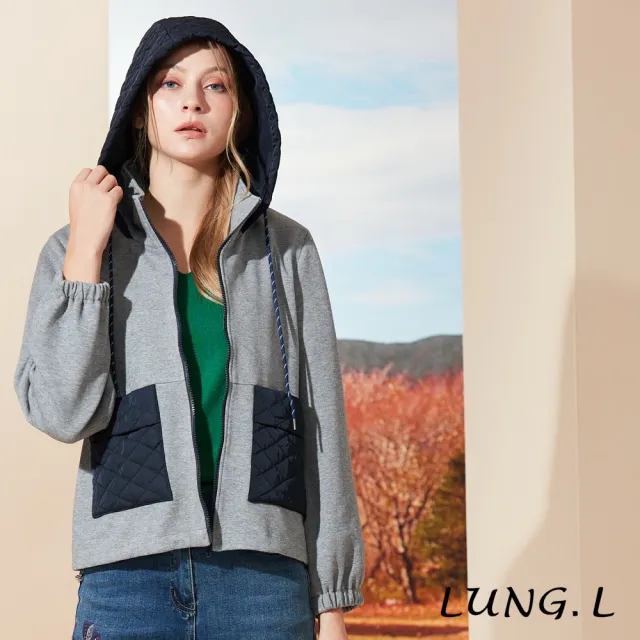 【LUNG.L 林佳樺】LQ74C灰色拼接藍色連帽女裝外套(秋冬新品 保暖)