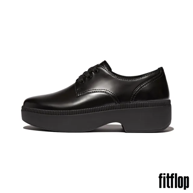 【FitFlop】F-LUMA 繫帶皮革方頭厚底德比鞋-女(黑色)