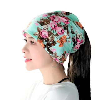 【89 zone】日系純棉優雅透氣 套頭帽 防風帽 頭巾帽(花朵天藍)