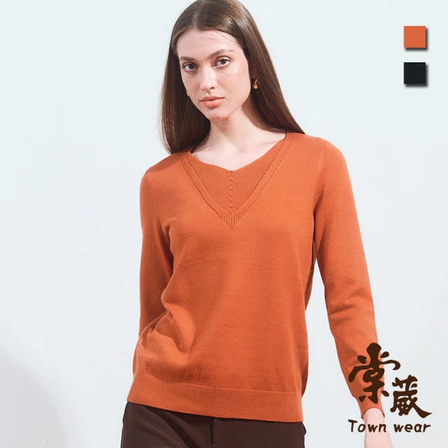 TOWN’WEAR 棠葳 簡約V領針織上衣 2色(中大尺碼/女上衣/女上著/素色/長袖/拼接/休閒/百搭)