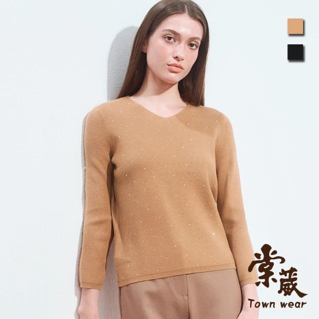 TOWN’WEAR 棠葳 亮彩鑽飾針織T恤 2色(中大尺碼/女上衣/女上著/素色/滿版/長袖/休閒)