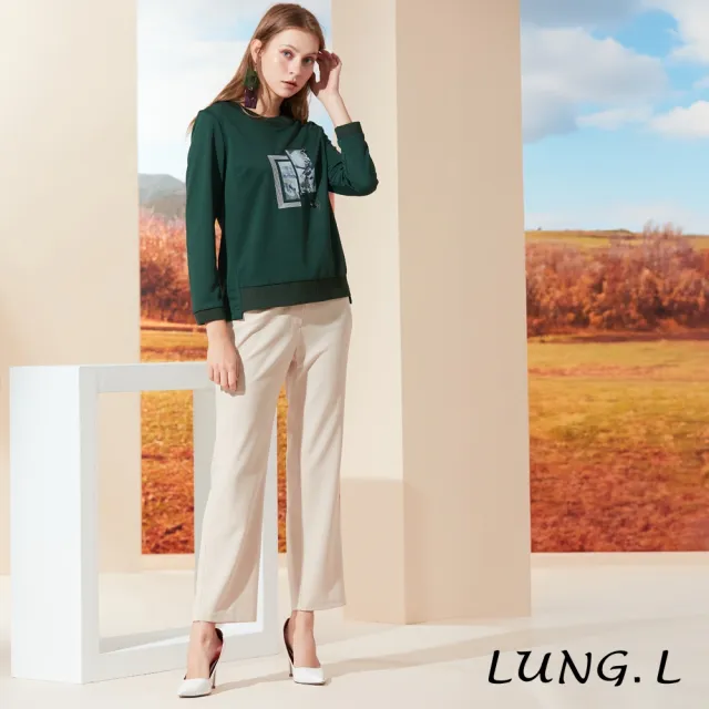 【LUNG.L 林佳樺】LR12A綠色圓領前片膠印長袖女裝上衣(秋冬新品)