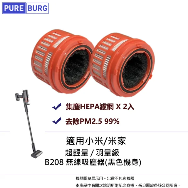 【PUREBURG】2入組-適用Mi/小米/米家B208 輕羽 羽量級 超輕量無線吸塵器高效HEPA濾網濾芯含中間過濾棉