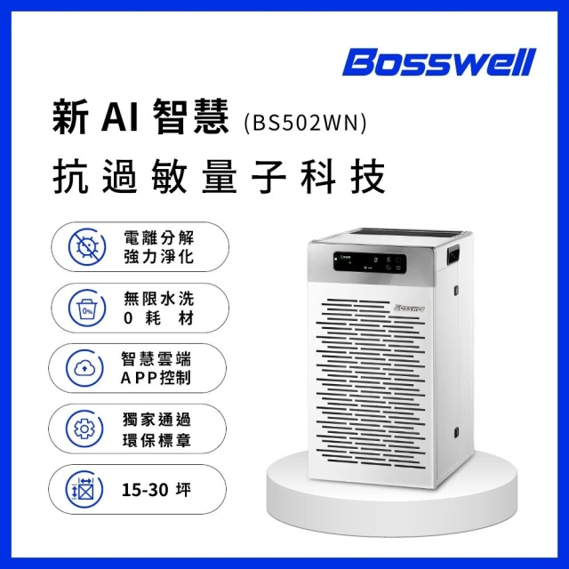 BOSSWELL 博士韋爾 AI智能旗艦機-零耗材滅菌空氣清淨機8-30坪(BS502WN 免耗材、除菌、除過敏、AI控制)