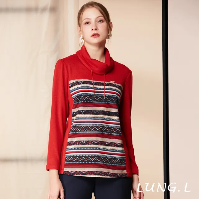 【LUNG.L 林佳樺】LR01A紅色拼接條紋活動圍脖長版女裝上衣(秋冬新品 加大尺碼 保暖)